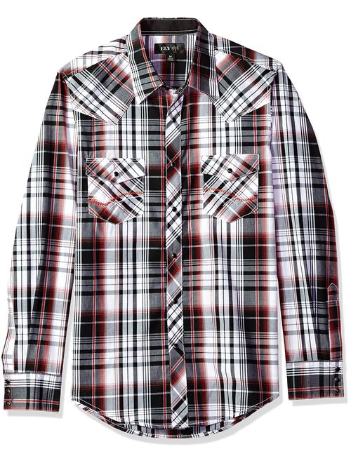 ELY CATTLEMAN Men's Long Sleeve Textured Shirt, Contrast Burnt Orange Plaid, Medium