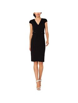Women's V-Neck Sheath with Ruched Cap Sleeve Dress