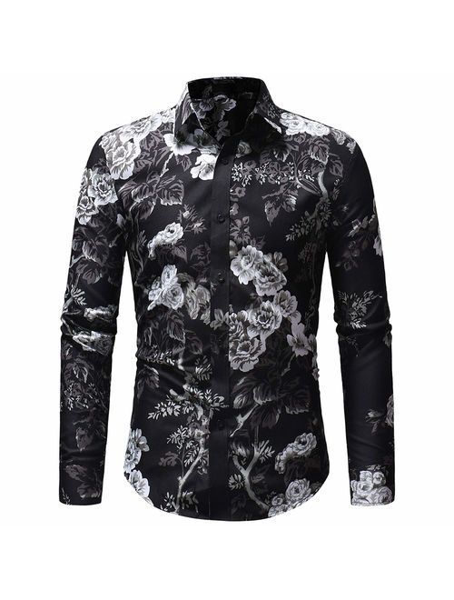 Men's Floral Shirts Long Sleeve Casual Slim Fit Button Down Shirts