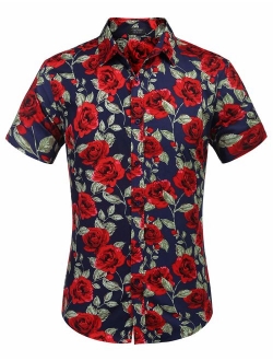 Men's Rose Floral Print Shirt Luxury Casual Cotton Button Down Shirt