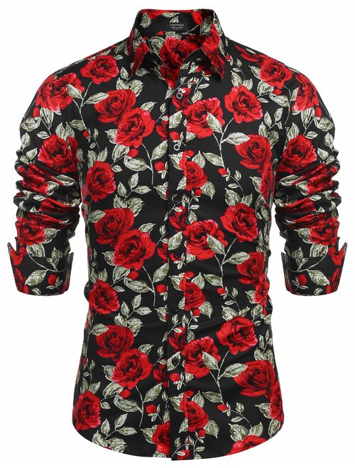 COOFANDY Men's Rose Floral Print Shirt Luxury Casual Cotton Button Down Shirt