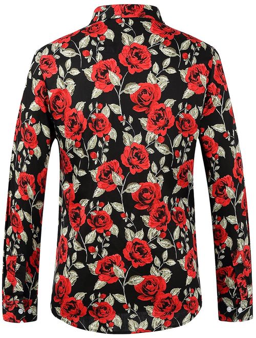 SSLR Men's Rose-Printed Button Down Casual Long Sleeve Shirt