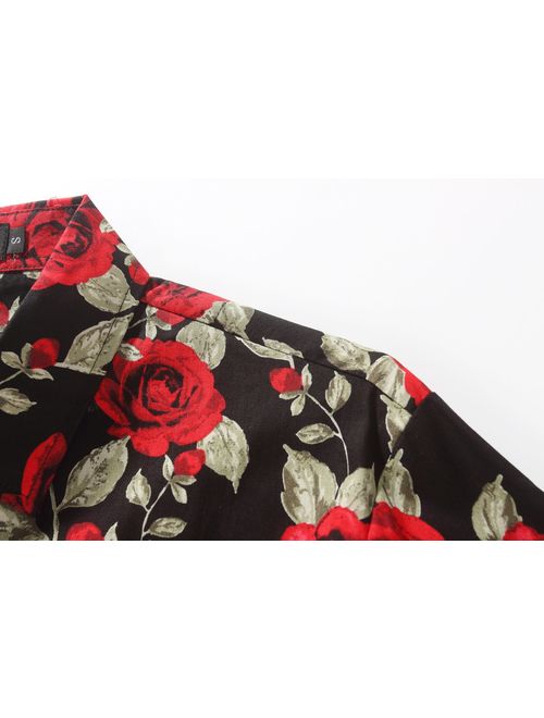 SSLR Men's Rose-Printed Button Down Casual Long Sleeve Shirt