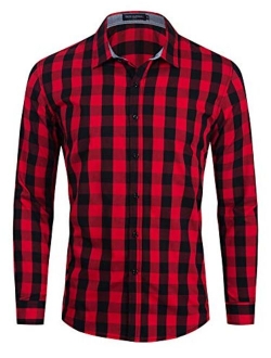 Men's 100% Cotton Regular-Fit Long-Sleeve Button-Down Buffalo Plaid Shirt with Pocket