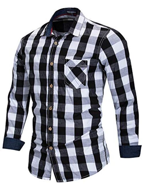 Men's 100% Cotton Regular-Fit Long-Sleeve Button-Down Buffalo Plaid Shirt with Pocket