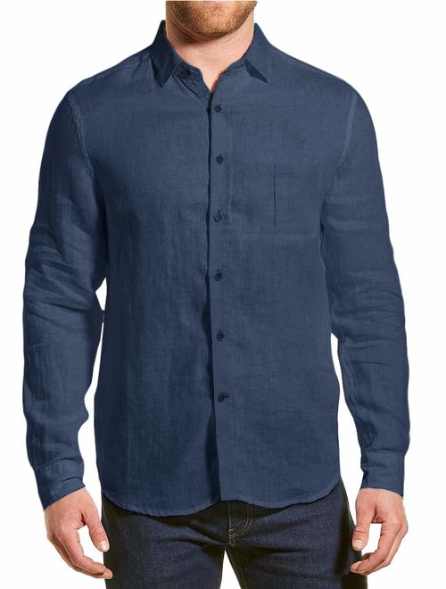 Mens Long Sleeve Shirts Casual Button Down Cotton Spread Collar Loose Fit Summer Beach Lightweight Plain Tops