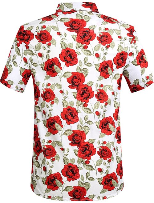 SSLR Men's Rose Printed Button Down Short Sleeve Shirt