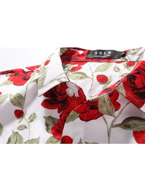 SSLR Men's Rose Printed Button Down Short Sleeve Shirt