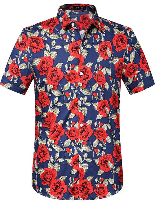 SSLR Men's Rose Printed Button Down Short Sleeve Shirt