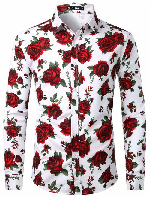 ZEROYAA Men's Fashion Urban Design Luxury Printed Slim Fit Long Sleeve Button Up Dress Shirts