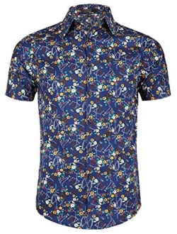 uxcell Men Short Sleeve Button Front Floral Print Cotton Beach Hawaiian Shirt