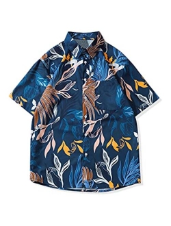 uxcell Men Short Sleeve Button Front Floral Print Cotton Beach Hawaiian Shirt