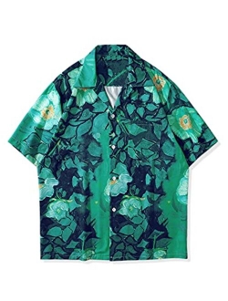 uxcell Men Short Sleeve Button Front Floral Print Cotton Beach Hawaiian Shirt