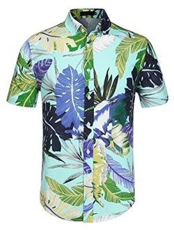 uxcell Men Short Sleeve Button Front Floral Print Cotton Beach Hawaiian Shirt