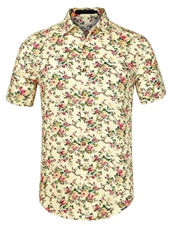 uxcell Men Short Sleeve Button Front Floral Print Cotton Beach Hawaiian Shirt