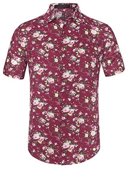 uxcell Men Short Sleeve Button Front Floral Print Cotton Beach Hawaiian Shirt