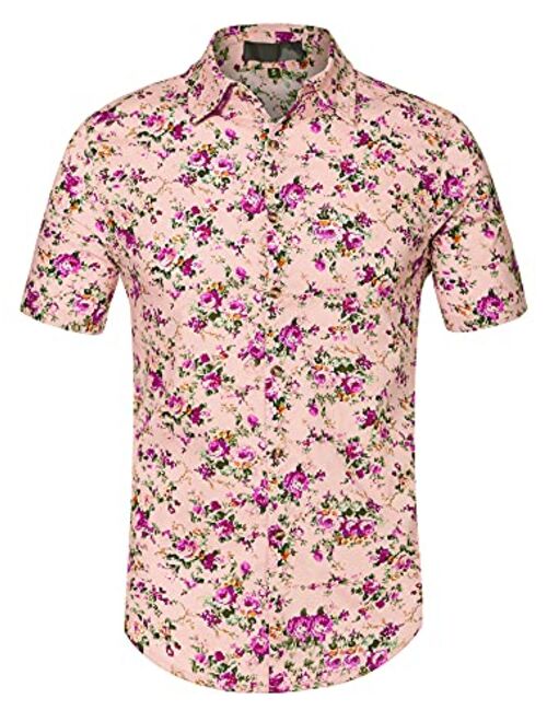 uxcell Men Short Sleeve Button Front Floral Print Cotton Beach Hawaiian Shirt