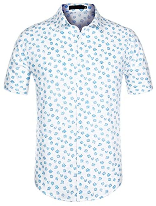 uxcell Men Short Sleeve Button Front Floral Print Cotton Beach Hawaiian Shirt