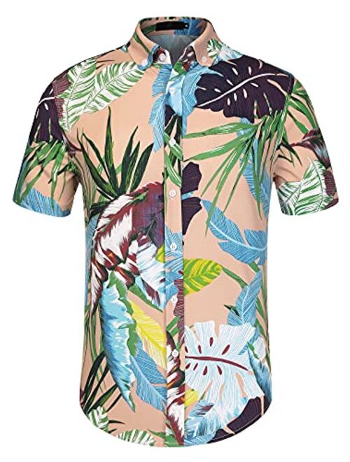 uxcell Men Short Sleeve Button Front Floral Print Cotton Beach Hawaiian Shirt