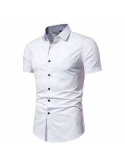 LOCALMODE Men's Regular Fit Cotton Business Casual Shirt Solid Short Sleeve Button Down Dress Shirts...