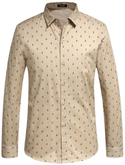 SSLR Men's Anchor Cotton Button Down Casual Long Sleeve Shirt