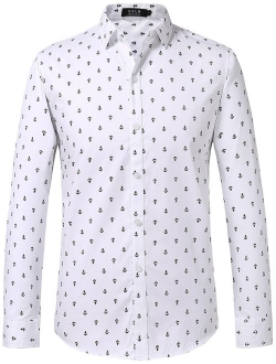 SSLR Men's Anchor Cotton Button Down Casual Long Sleeve Shirt