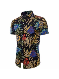 USEMPER Men's Flower Shirts Beach Tropical Hawaiian Shirt Print Button Down Linen Patch Casual Short Sleeve Holiday Shirts