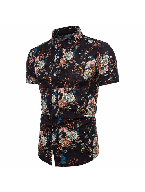 USEMPER Men's Flower Shirts Beach Tropical Hawaiian Shirt Print Button Down Linen Patch Casual Short Sleeve Holiday Shirts