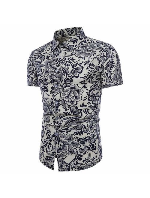 USEMPER Men's Flower Shirts Beach Tropical Hawaiian Shirt Print Button Down Linen Patch Casual Short Sleeve Holiday Shirts