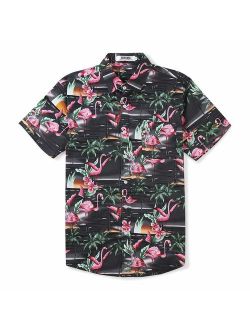 Men's Flamingos Floral Print Short Sleeve Button Down Hawaiian Shirt, Casual Beach Aloha Party Tops