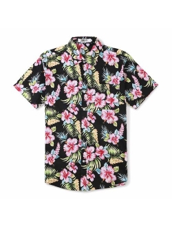 Men's Flamingos Floral Print Short Sleeve Button Down Hawaiian Shirt, Casual Beach Aloha Party Tops