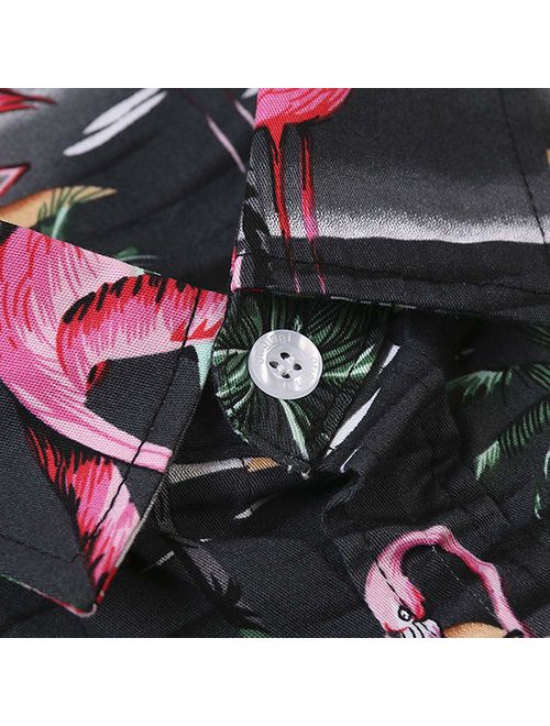 Men's Flamingos Floral Print Short Sleeve Button Down Hawaiian Shirt, Casual Beach Aloha Party Tops