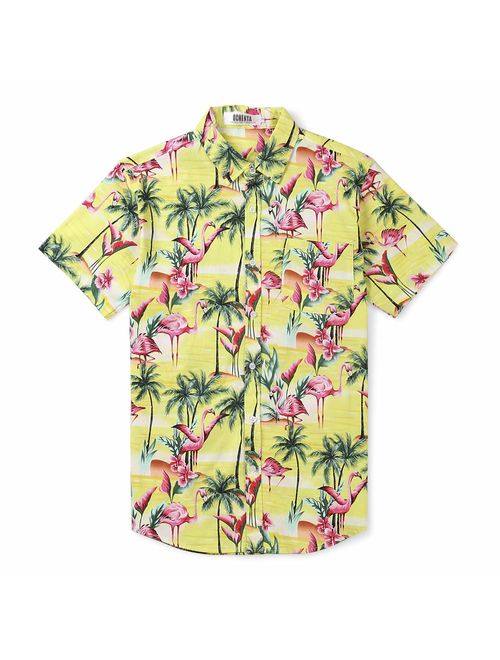 Men's Flamingos Floral Print Short Sleeve Button Down Hawaiian Shirt, Casual Beach Aloha Party Tops