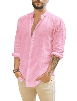 Makkrom Mens Button Down Cotton Linen Shirts Long Sleeve Loose Summer Beach Casual Shirt Tops