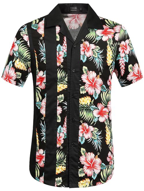 SSLR Men's Flowers Casual Button Down Short Sleeve Hawaiian Shirt