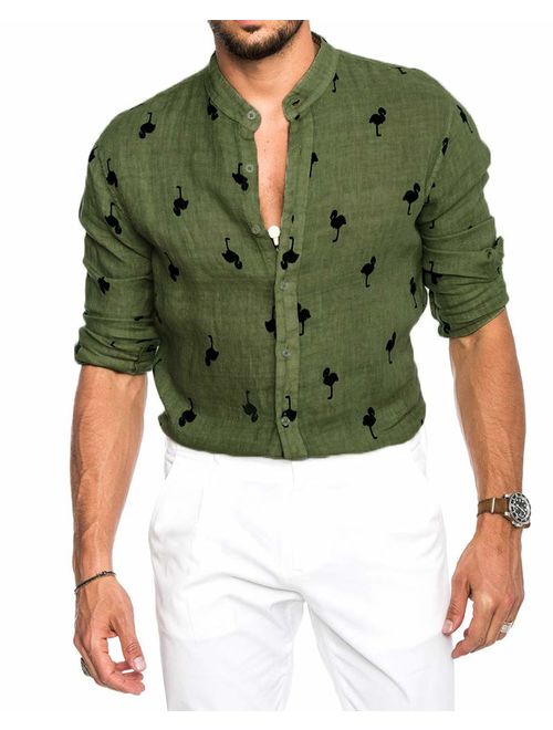 Bbalizko Mens Flamingo Shirts Linen Cotton Button Down Long Sleeve Casual Hawaiian Shirt