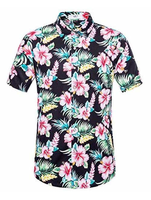 SIR7 Men's Hawaiian Flower Print Casual Button Down Short Sleeve Shirt