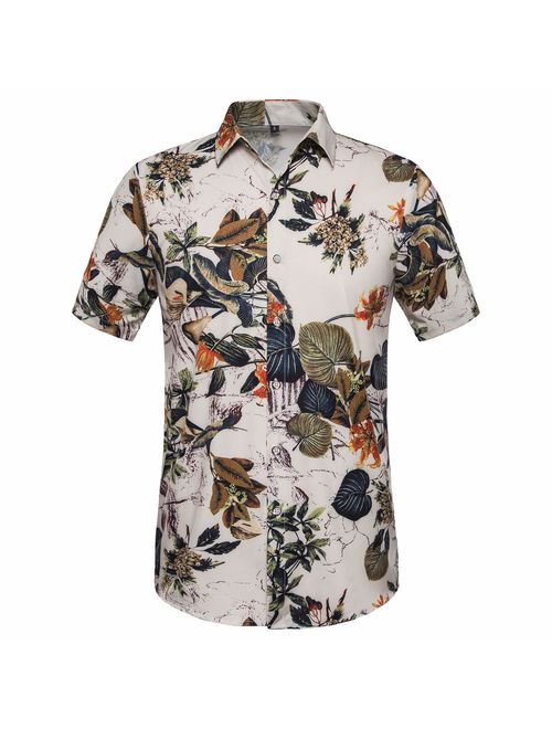 SIR7 Men's Hawaiian Flower Print Casual Button Down Short Sleeve Shirt