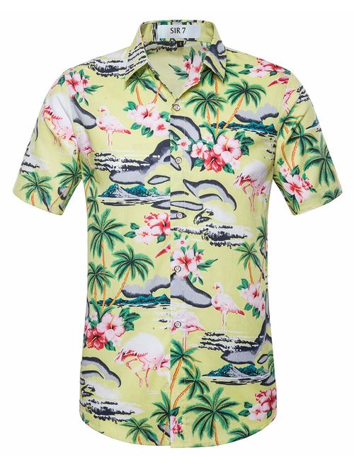 SIR7 Men's Hawaiian Flower Print Casual Button Down Short Sleeve Shirt