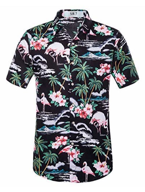 SIR7 Men's Hawaiian Flower Print Casual Button Down Short Sleeve Shirt