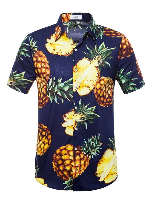 SIR7 Men's Hawaiian Flower Print Casual Button Down Short Sleeve Shirt