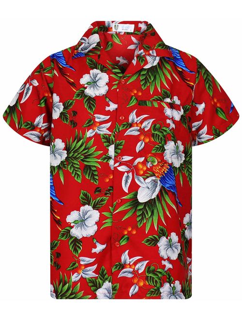 Funky Hawaiian Shirt Men Shortsleeve Frontpocket Hawaiian-Print Cherry Parrots Party Flowers