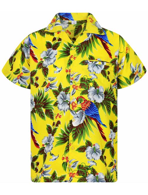 Funky Hawaiian Shirt Men Shortsleeve Frontpocket Hawaiian-Print Cherry Parrots Party Flowers