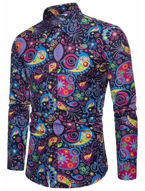 EMAOR Men's Button Front Slim Fit Long Sleeves Floral Print Shirt Tops, CS 56, US X-Large = Tag 6XL