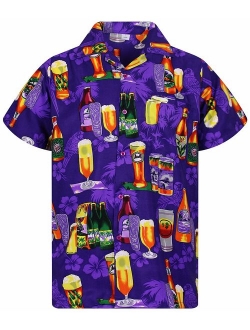 V.H.O. Funky Hawaiian Shirt Men Short Sleeve Front-Pocket Beerbottle Multiple Colors