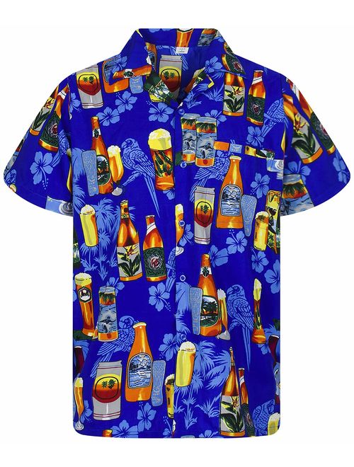 V.H.O. Funky Hawaiian Shirt Men Short Sleeve Front-Pocket Beerbottle Multiple Colors