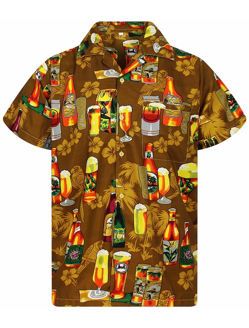 V.H.O. Funky Hawaiian Shirt Men Short Sleeve Front-Pocket Beerbottle Multiple Colors