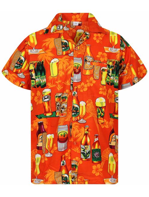 V.H.O. Funky Hawaiian Shirt Men Short Sleeve Front-Pocket Beerbottle Multiple Colors