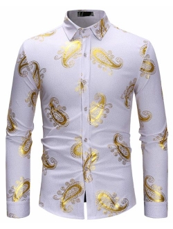 HOP Fashion Men's Luxury Gold Paisley Shirts Long Sleeve Slim Fit Button Down Dress Shirts for Wedding/Party/Night Club