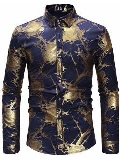 HOP Fashion Men's Luxury Gold Paisley Shirts Long Sleeve Slim Fit Button Down Dress Shirts for Wedding/Party/Night Club